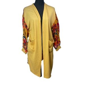 Umgee Mustard Yellow Waffle Knit Floral Mixed Media Cardigan M spring garden